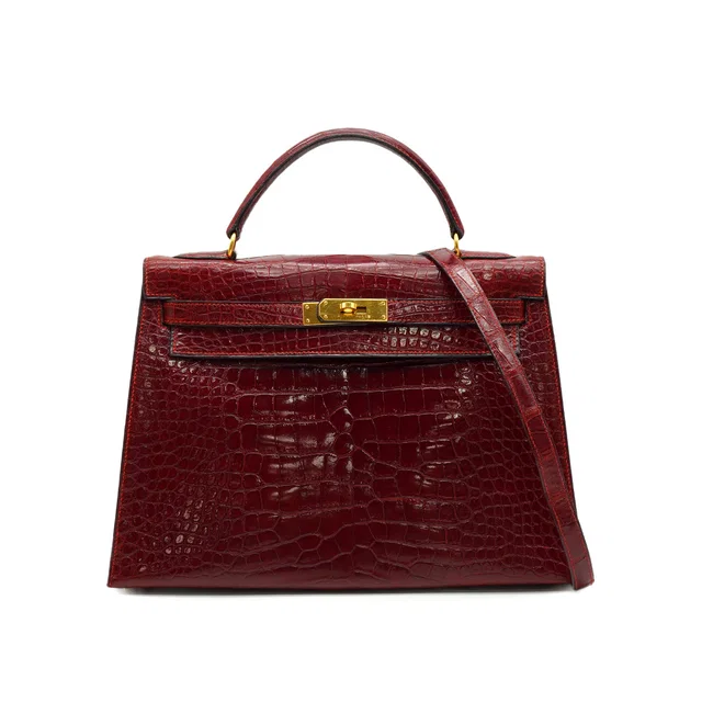 Hermès Kelly 32 Sellier Rouge H Crocodile Alligator Hand Shoulder Bag 1993 Circle W Gold Hardware in Burgundy Crocodile from Luxury Promise