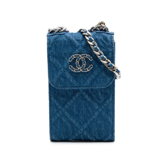 Blue Chanel Denim 19 Phone Holder with Chain Satchel in Blue Denim from Designer Revival