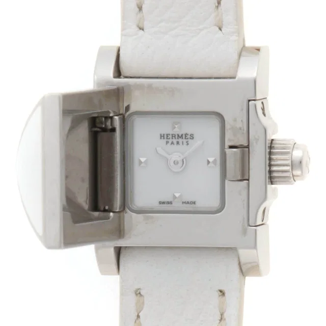 Hermès Medor Lock Triple Tour Watch Stainless Steel White Dial Quartz in White Leather from The Reluxe