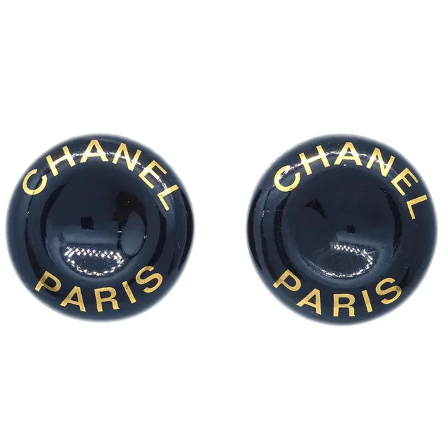 Chanel Black Button Earrings Clip-On 97P in Black Resin from AMORE Vintage Tokyo