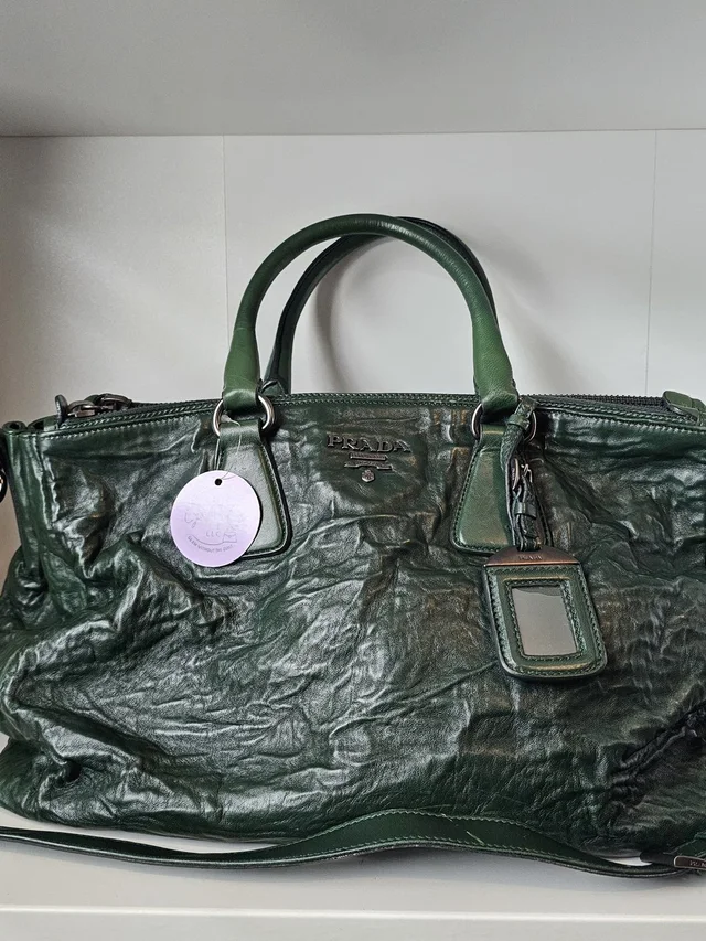 Prada Dark Green Crinkled Leather Satchel With Top Handles in green Leather from Poshmark, photo 1 of 1