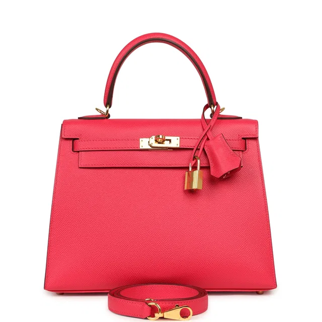 Hermès Kelly Sellier 25 Rose Extreme Epsom Gold Hardware in Pink Epsom leather from Madison Avenue Couture