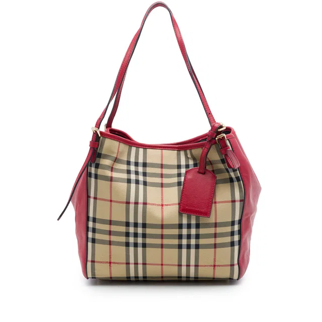 Red Burberry Small Haymarket Check Nylon and Calfskin Canterbury Tote in Red Calfskin from Designer Revival