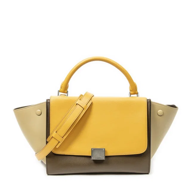 Celine Small Tricolor Trapeze Brown Orange Beige Calfskin Leather Messenger Bag in Brown Calfskin from The Reluxe