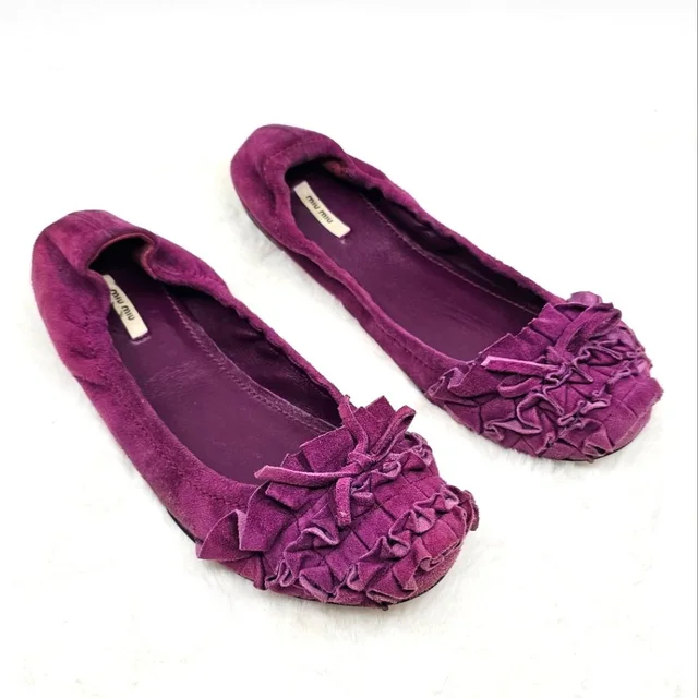 Miu Miu Leather Suede Ruffle Toe Flats 35.5 in purple Suede from Poshmark