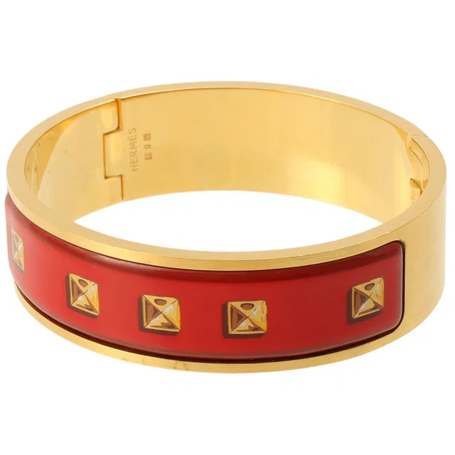 Hermès 1999 Studded Motif Bangle, Red/Gold in Red from VINTAGE QOO TOKYO