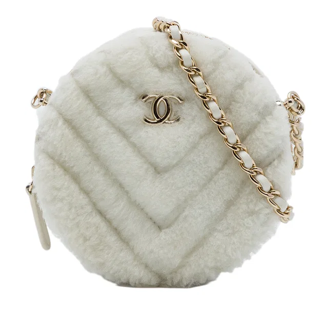 White Chanel CC Chevron Shearling Round Clutch with Chain Crossbody Bag in White Woven leather from Designer Revival