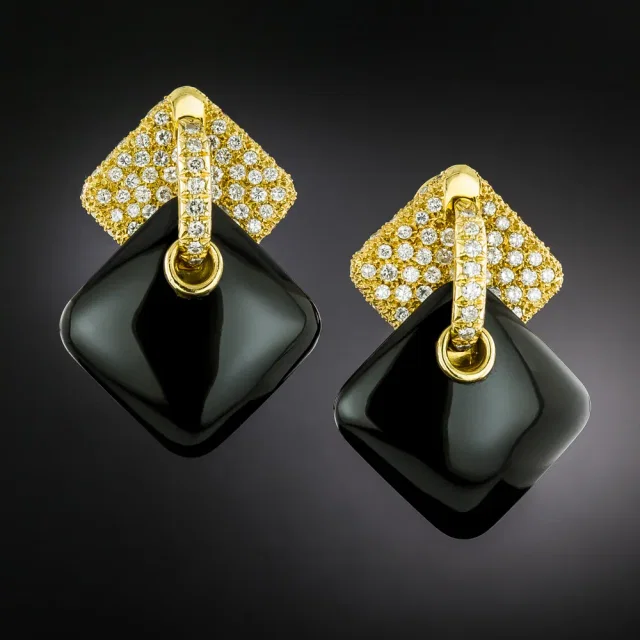 Aldo Cipullo/Cartier Onyx and Diamond Dangle Earrings from Lang Antiques