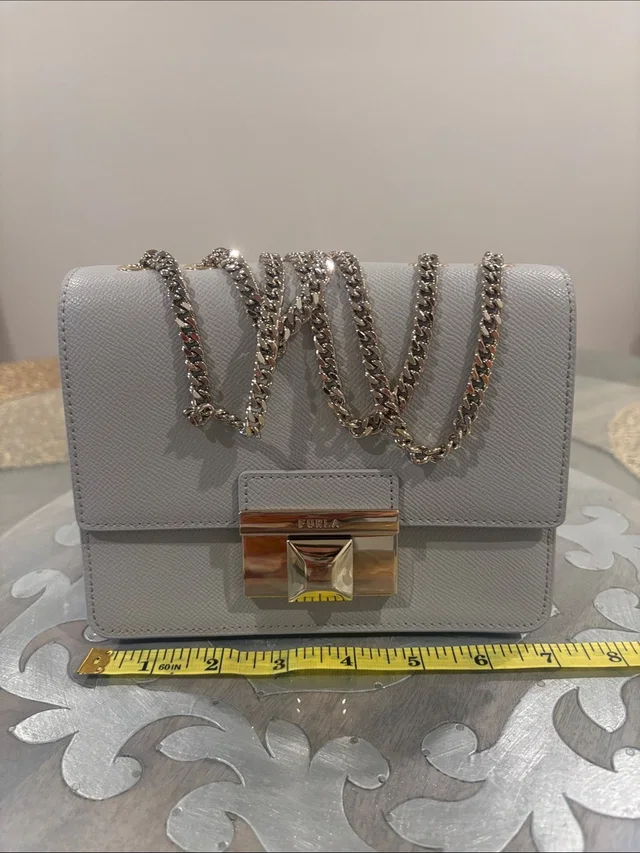 New Furla Light Gray Saffiano Leather Crossbody With Gold Chain/Hardware & Dusty in gray|gold Saffiano leather from Poshmark