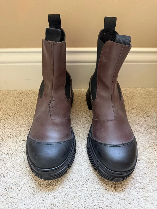 GANNI Brown And Black Leather Chelsea Boots in black|brown|red Leather from Poshmark