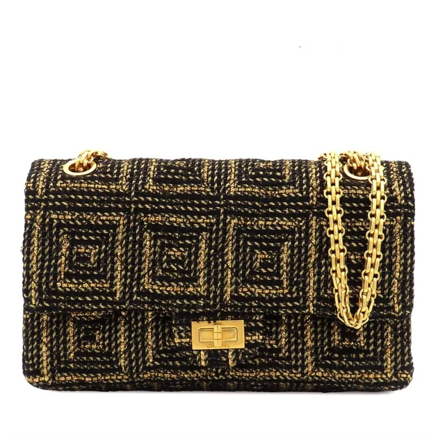 Chanel Paris Visance Black Gold Tweed Leather Quilted Chain Double Flap Bag in Black Tweed from The Reluxe