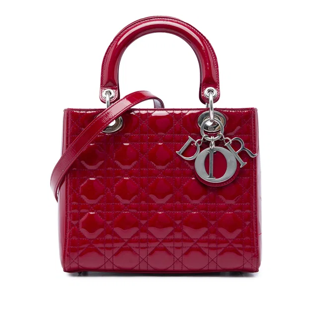 Red Dior Medium Patent Cannage Lady Dior Satchel in Red Patent leather from Designer Revival