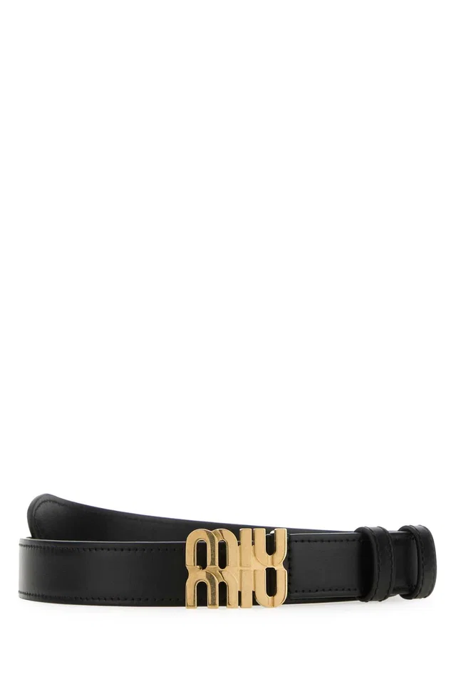 Miu Miu Logo Buckle Leather Belt — Black Vitello in Black Leather from HEWI