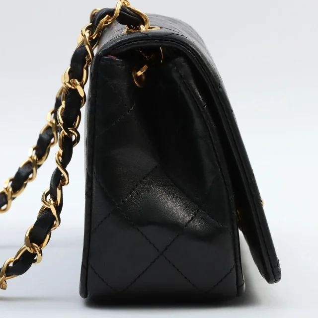 Circa 1990 Chanel CC Mark Plate Full Flap Chain Shoulder Bag Mini Black in Black Lambskin from VINTAGE QOO TOKYO, photo 3 of 11