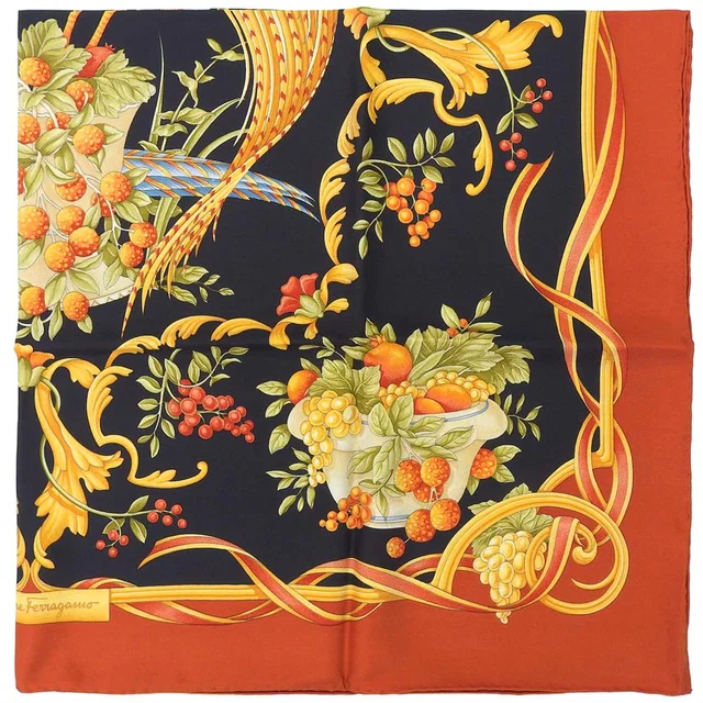 Ferragamo Bird Design Pattern Scarf Brown/Black in Black Silk from VINTAGE QOO TOKYO