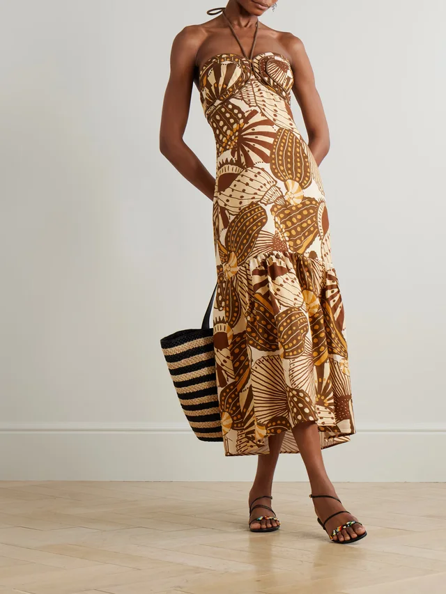 FARM RIO Tasseled shirred printed linen halterneck maxi dress in Beige, photo 2 of 2 from NET-A-PORTER (Canada)
