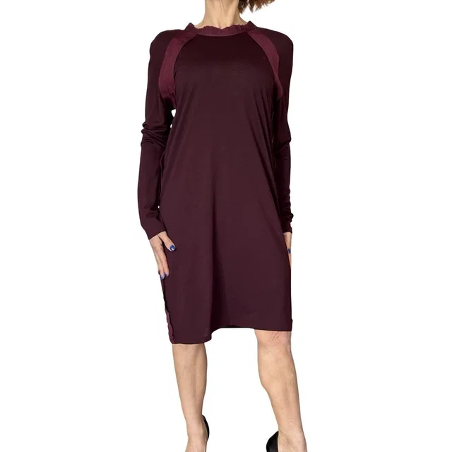 Lanvin Wool Knit Sweater Dress Shift Long Sleeves Grosgrain Trim Burgundy Medium in red Wool from Poshmark