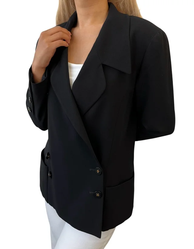 Chanel Vintage 94P CC Mark Logo Jacket Button Black Gold Long Sleeve Collar in Black from Luxury Promise, photo 2 of 2