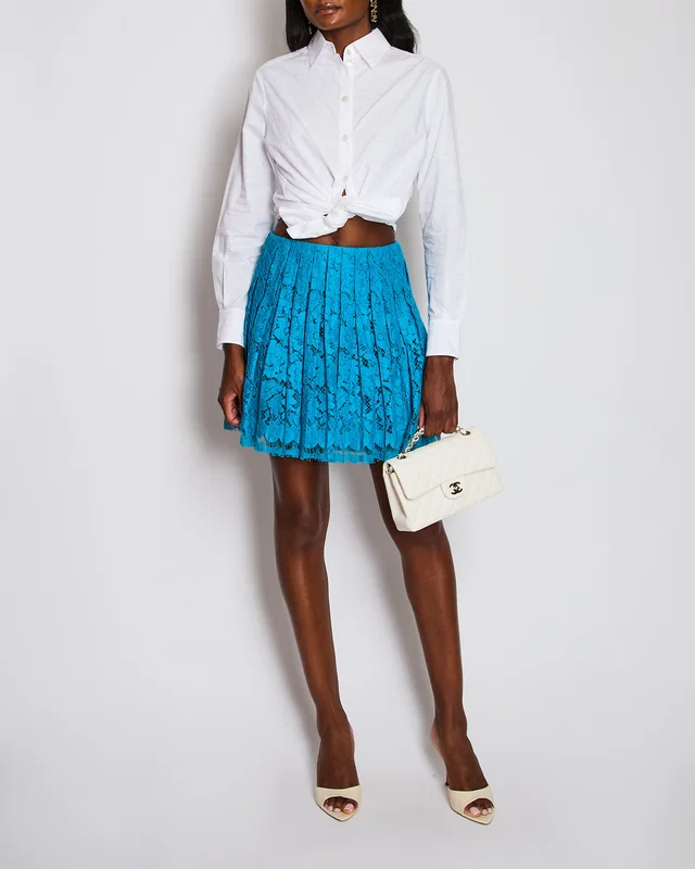 Prada Blue Pleated Lace Mini Skirt Size IT 40 (UK 8) in Blue Silk from Sellier