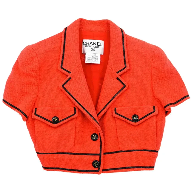 Chanel 1995 Single Breasted Short Sleeve Jacket Vermilion Red #36 in Red from AMORE Vintage Tokyo