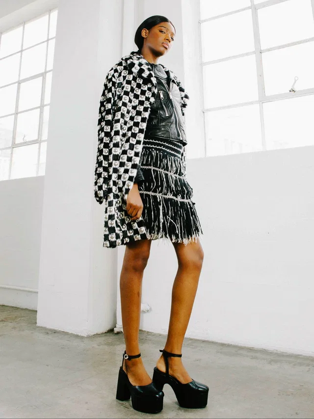 2019 Celine Studded Checkered Fur Coat in Satin from Arcade Vintage