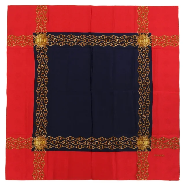 Chanel CC Mark Chain Pattern Scarf Red/Navy in Red Silk from VINTAGE QOO TOKYO, photo 9 of 10