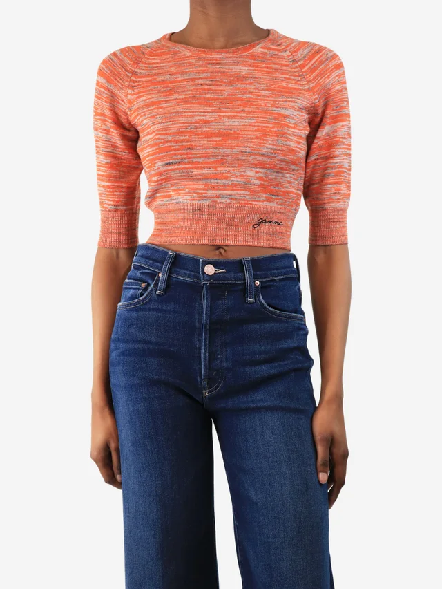 GANNI Orange intarsia knit crop-top - size XXS in Orange Wool from Sign of the Times