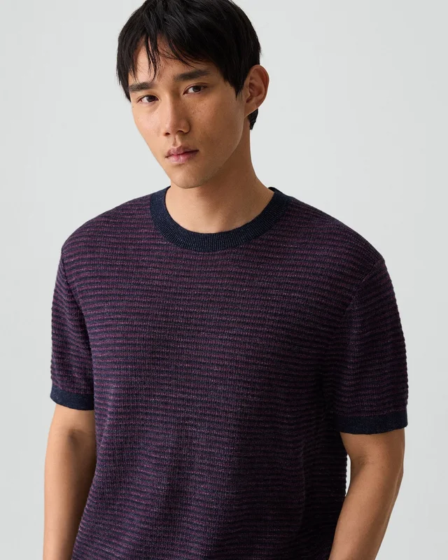 Theory Striped Tee in Pacific Linen in NEW BALTIC/GRAPEVINE 65% Linen, 23% Cotton, 12% Polyester; Exclusive Of Elastic, photo 4 of 7 from Theory