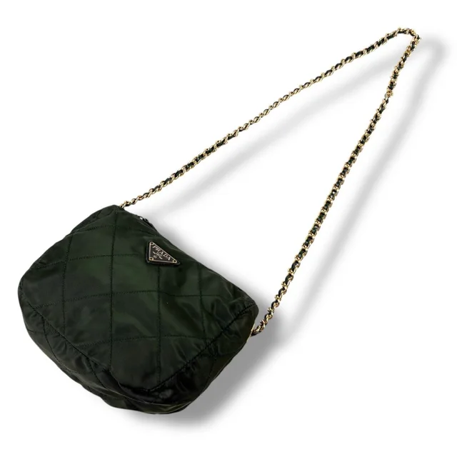 Prada Triangle Logo Chain Shoulder Bag Quilted Tessuto Nylon Khaki Green in Green Nylon from The Reluxe, photo 2 of 3