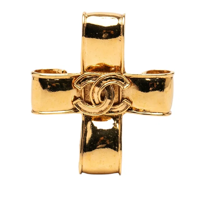 Gold Chanel CC Gold Plated Ribbon Cross Brooch in Gold from Designer Revival