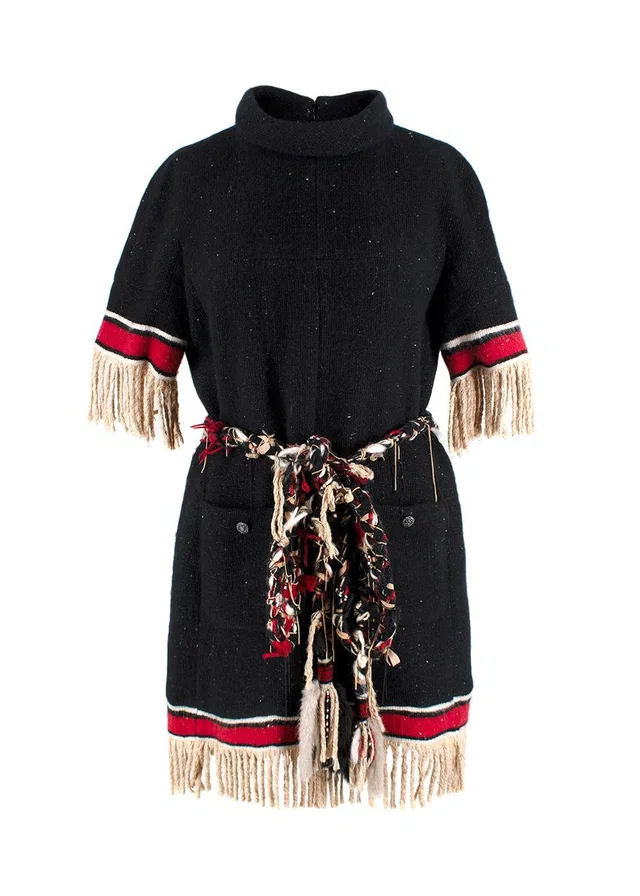 Chanel Black Cashmere Dress with Tassel Woven Detailing in Black Woven leather from HEWI