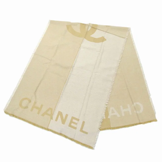 Chanel Shawl Beige Logo CC Cashmere Silk Large Scarf in Beige Silk from The Reluxe