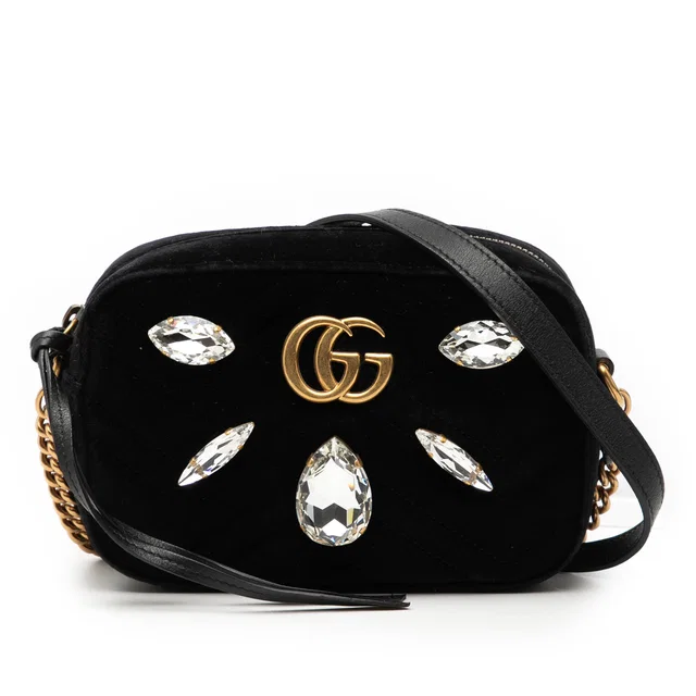 Black Gucci Mini GG Marmont Crystal Embellished Matelasse Velvet Crossbody in Black Velvet from Designer Revival