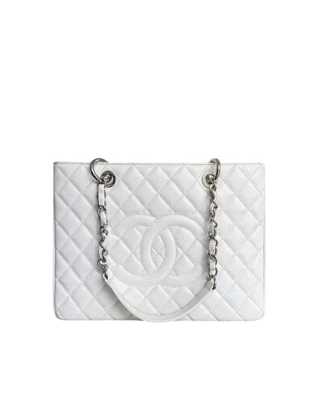 Chanel Gst Grand Shopping Tote - Caviar Quilted White Silver Hardware Series 14 in White Caviar leather from Luxury Promise