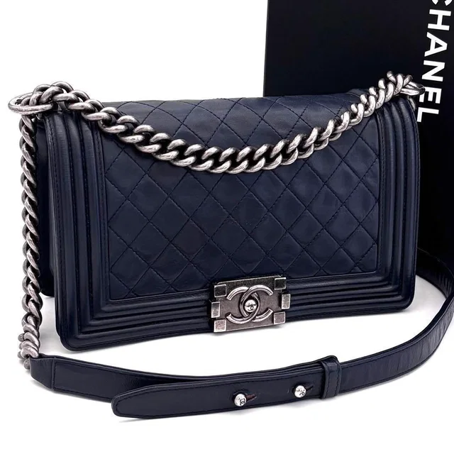 Chanel Boy Quilted Chain Shoulder Bag Navy Lambskin in Navy Lambskin from The Reluxe