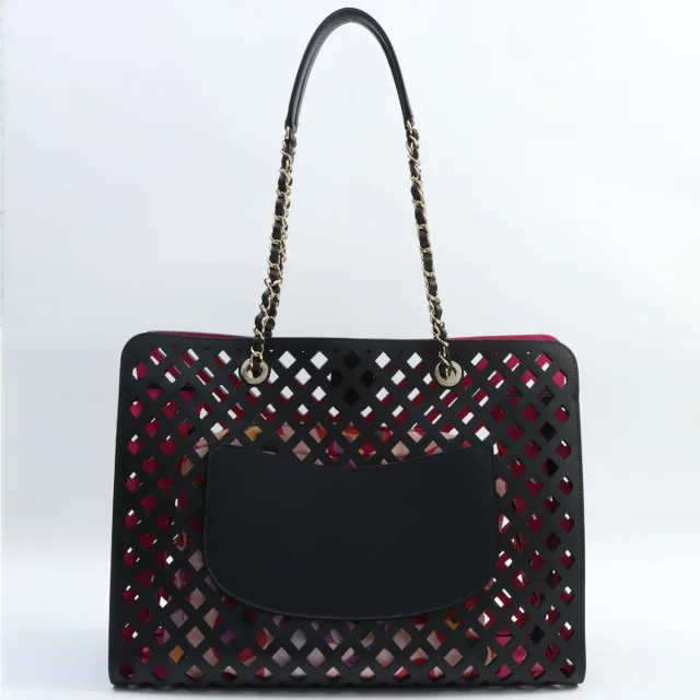Chanel Circa 2021 Diamond Punching CC Turn-lock Chain Tote Bag Black in Black Calfskin from VINTAGE QOO TOKYO, photo 2 of 23