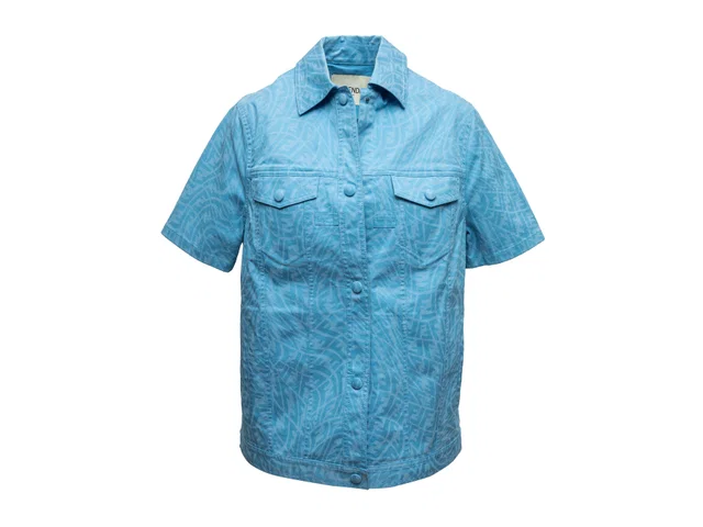 Blue Fendi Nylon Short Sleeve Zucca Print Button-Up Size IT 36 in Blue Nylon from Designer Revival