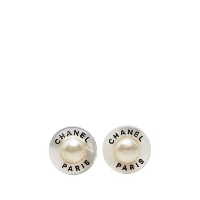 White Chanel CC Resin Faux Pearl Round Clip On Earrings in White Resin from Designer Revival