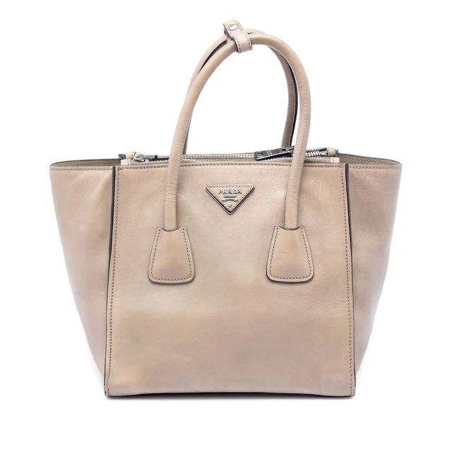 Beige Prada Small Glace Calf Twin Pocket Satchel in Beige Leather from Designer Revival