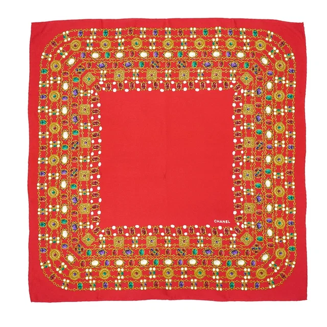 Chanel Vintage Jewelry Pattern Scarf Red Multicolor Silk in Red Silk from Luxury Promise