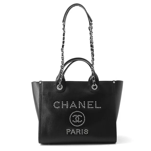Chanel Tote Bag Deauville Shopping CC Logo Studs Caviar Leather 2-Way Black in Black Caviar leather from The Reluxe