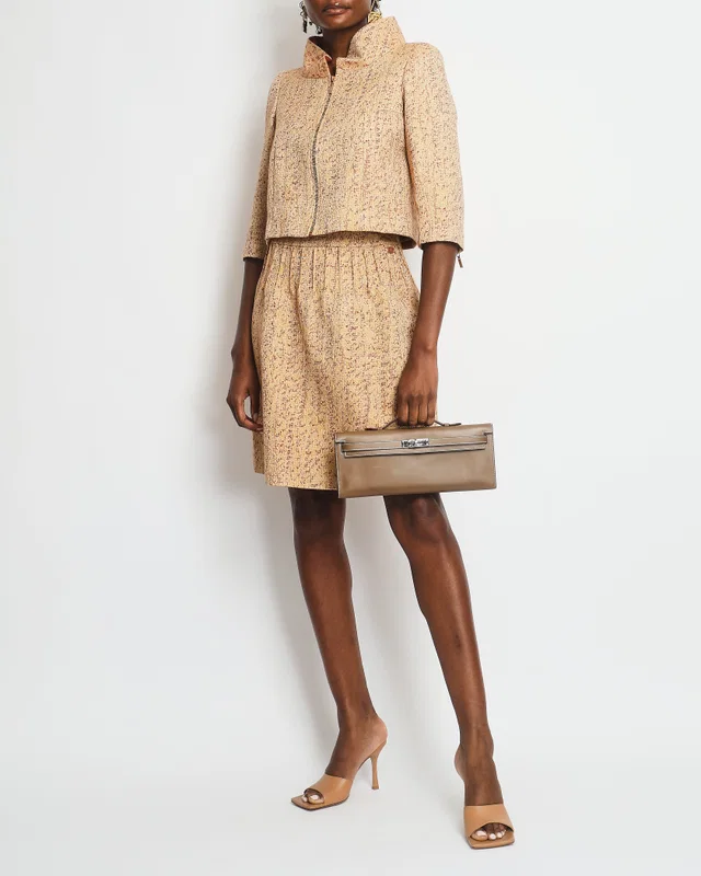 Chanel 01/P Spring 2001 Beige, Burgundy Two-Piece Jacket and Skirt Set FR 34 (UK 6) in Beige Silk from Sellier