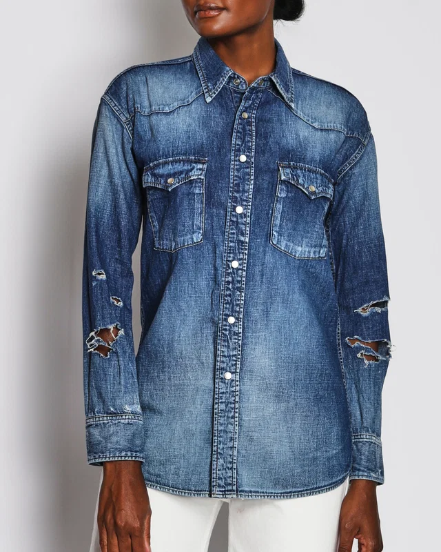 Saint Laurent Blue Distressed Denim Long Sleeve Shirt Size XS (UK 6) in Blue Denim from Sellier