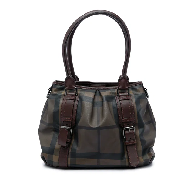 Brown Burberry Small Smoke Check Coated Canvas Northfield Satchel in Brown Coated canvas from Designer Revival