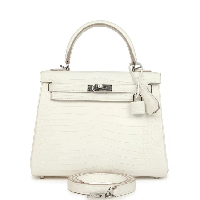 Hermès Kelly Retourne 25 Creme Chantilly Matte Crocodile Palladium Hardware in Crocodile from Madison Avenue Couture