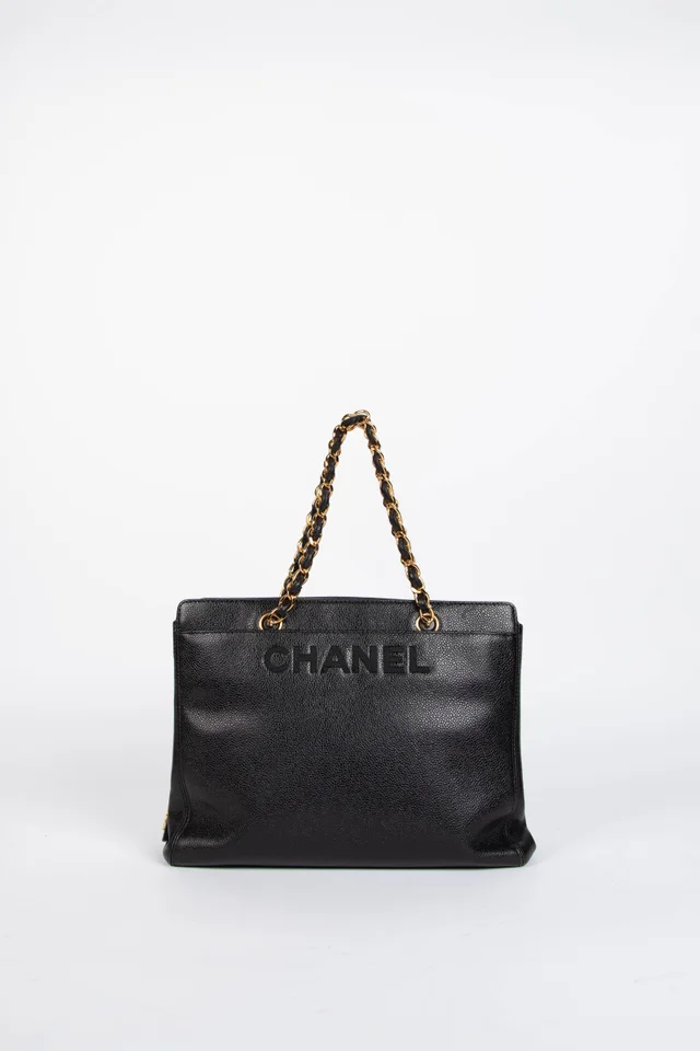 90s Chanel Black Caviar Leather Small Tote Bag in Black Caviar leather from Break Archive