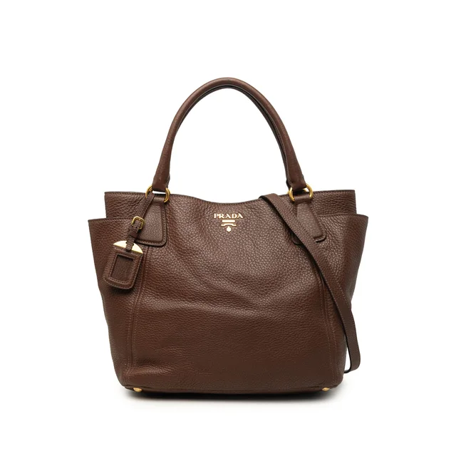 Brown Prada Vitello Daino Side Pocket Convertible Tote Satchel in Brown Leather from Designer Revival