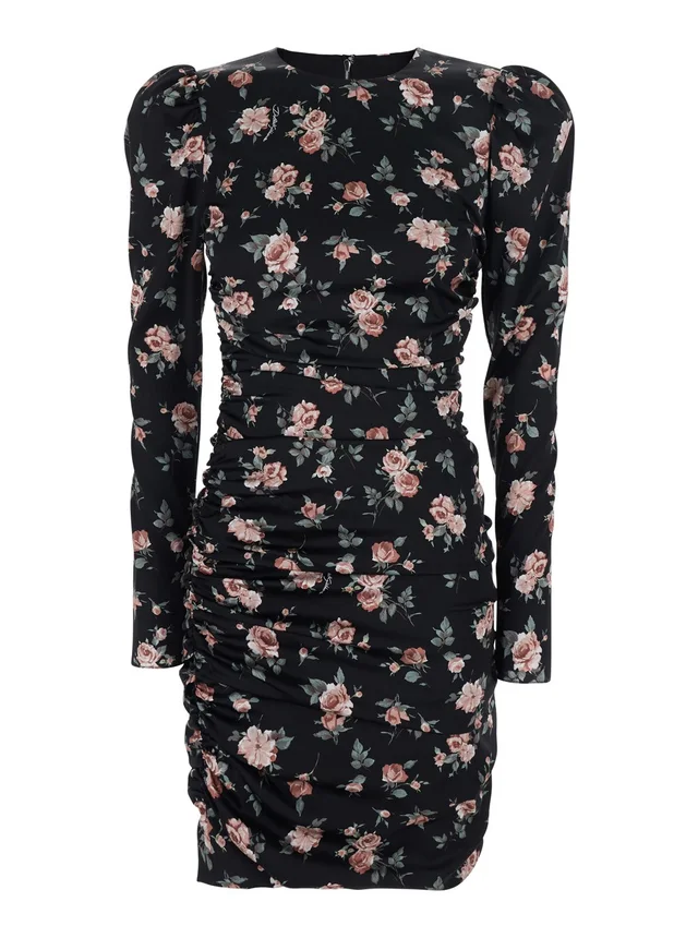 DOLCE E GABBANA Black Dress with Floral Print and Side Draping in Silk for Women in Black 9% Elastane 91% Silk, photo 2 of 5 from Gaudenzi Boutique