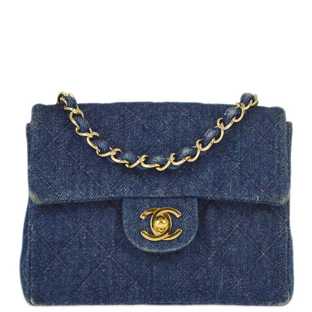 Chanel 1997-1999 Blue Denim Mini Classic Square Flap Shoulder Bag 17 in Blue Denim from AMORE Vintage Tokyo