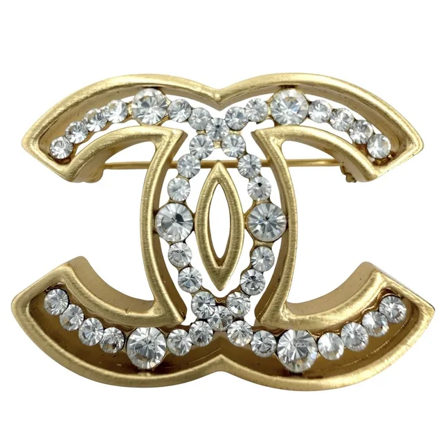 Chanel Brooch CC Logo Vintage Rhinestone 02A Gold in Gold from The Reluxe